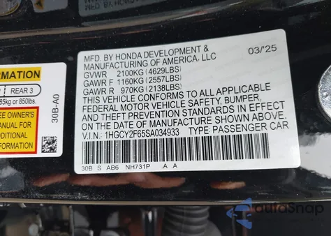2025 Honda Accord Hybrid Ex-L from USA, damaged, VIN 1HGCY2F65SA034933